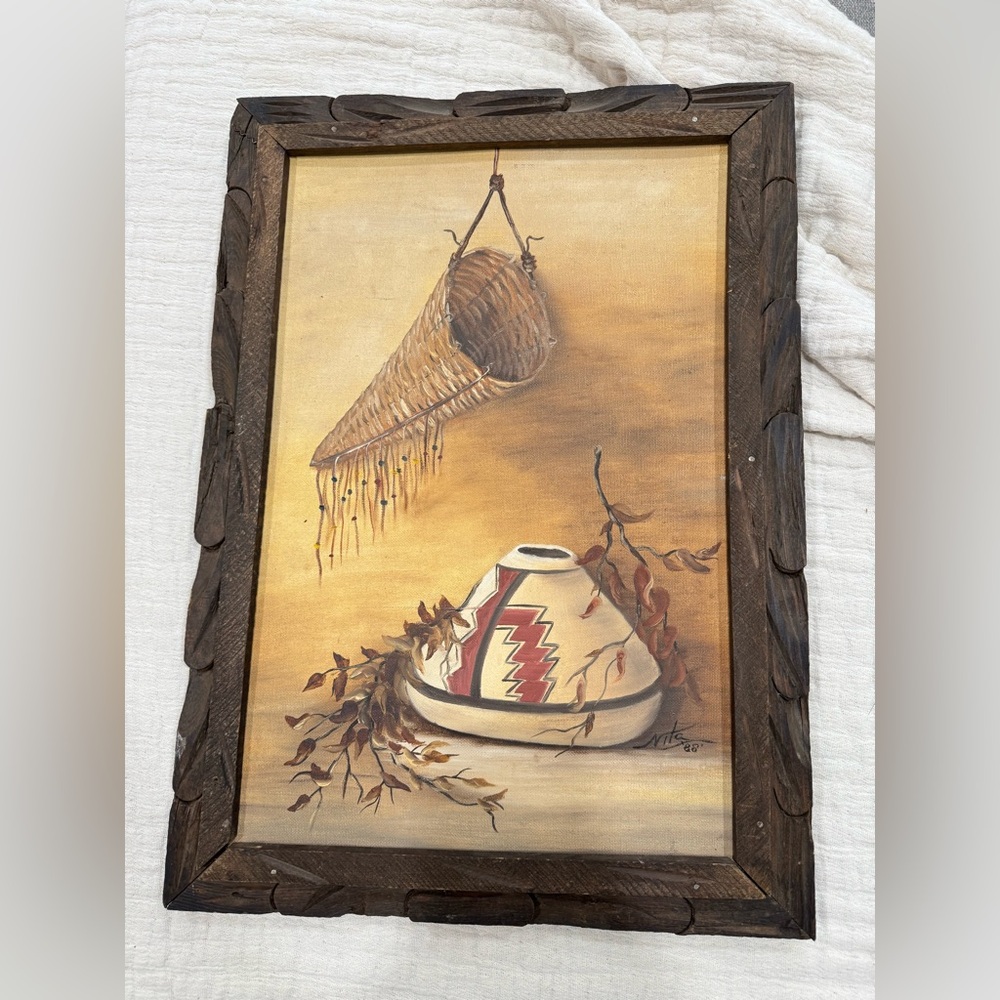 Vintage 1988 Native American Style Painting Signed‎ "Nita" Carved Frame